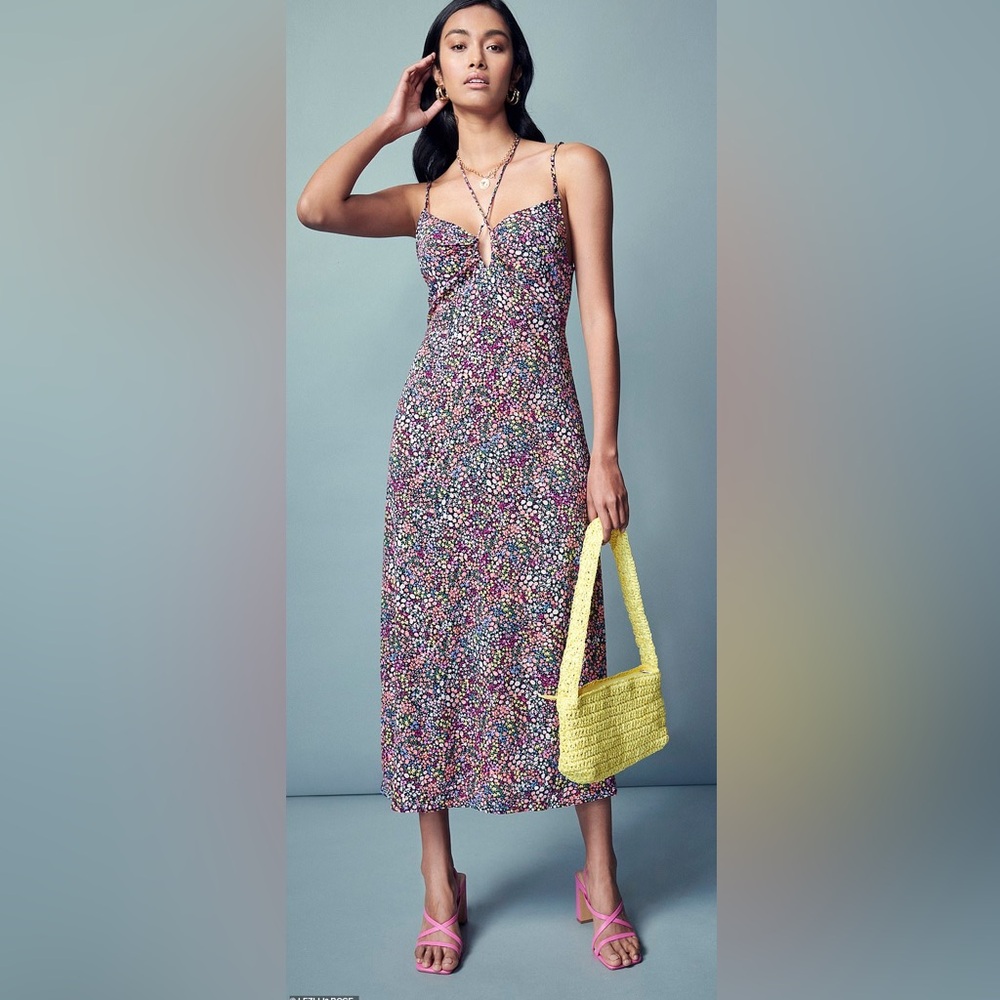 H&M Floral Midi Dress XL Tie Back Cutout Twist Front Cottagecore Summer